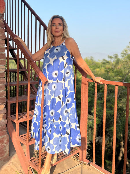 Nila dress  blue and white flower -  AUROBELLE  IBIZA