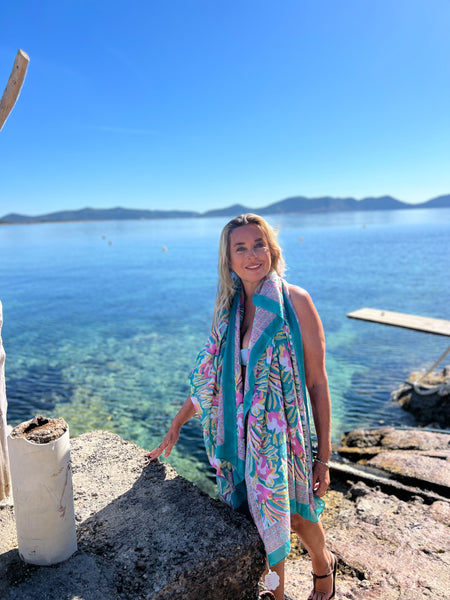 Sarong   , Pareo  , cotton shawl and beach Deluxe Block print collection, formentera turquoises🪷 -  AUROBELLE  IBIZA