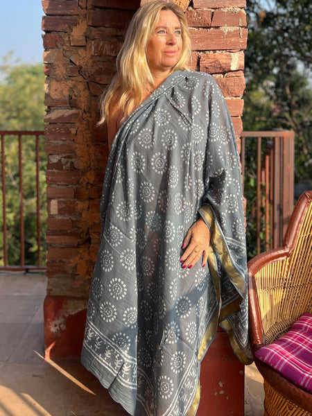 Sarong  Pareo  collection big size with golden zari border No 7A Gerry gray -  AUROBELLE  IBIZA