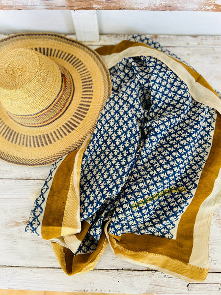 Hand Block Printed Extra Large Sarong | Organic Cotton Muslin | Natural Bagru Print with Golden Sari Border no 4 Jeans