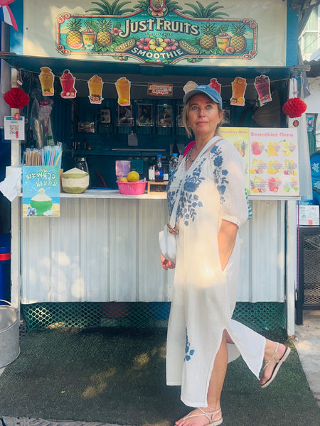 Salu dress with hand embroidery blue and white -  AUROBELLE  IBIZA