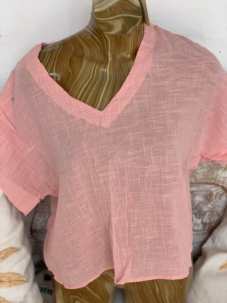 Linen V neck shirt blouse Rosa