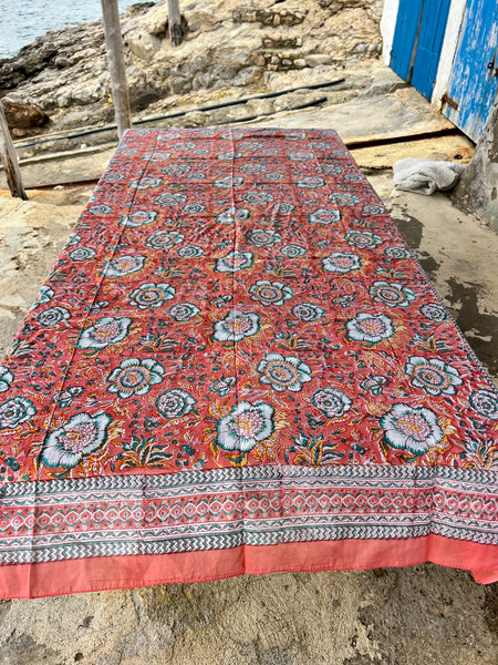 Sarong   , Pareo  , cotton shawl and beach Deluxe Block print collection, abricot flower -  AUROBELLE  IBIZA