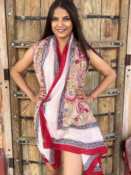 Sarong   , Pareo  , cotton shawl and beach Deluxe Block print collection,Sandy flower garden🌸 -  AUROBELLE  IBIZA