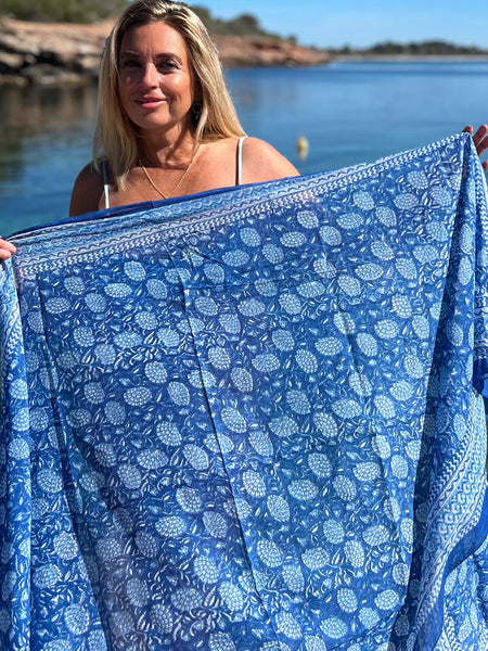Sarong   , Pareo  , cotton shawl and beach Deluxe Block print collection, blue flower  🪷 -  AUROBELLE  IBIZA