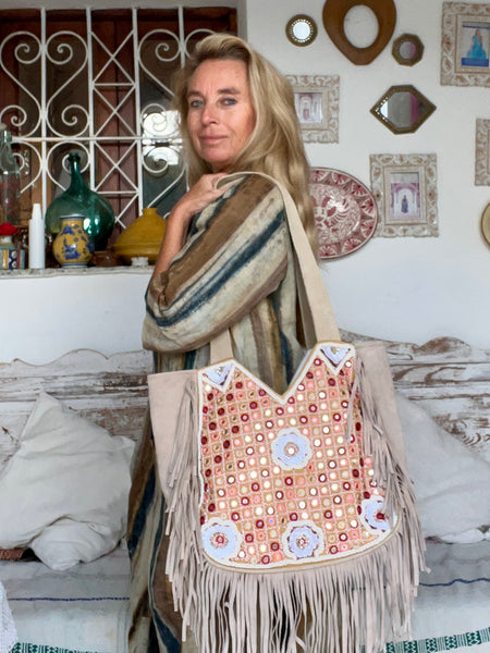 Chiang mai Bag with antique tribal embroidery and leather patchwork