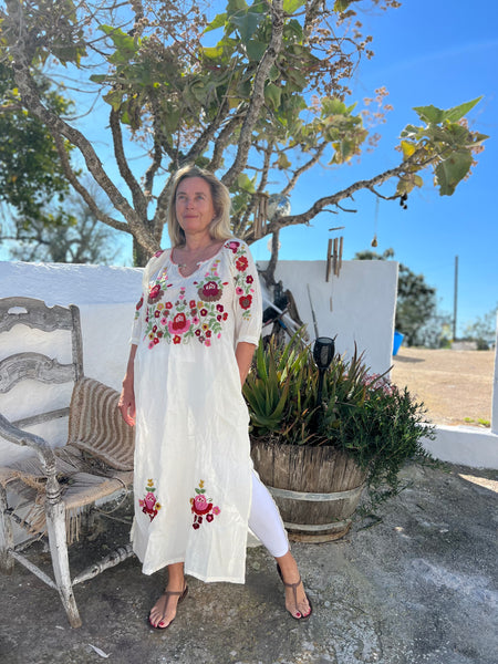 Salu dress with hand embroidery -white with color embroidery