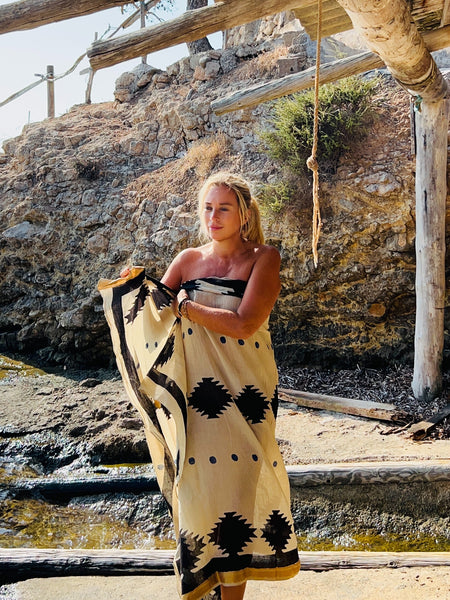 Hand Block Printed Extra Large Sarong | Organic Cotton Muslin | Natural Bagru Print with Golden Sari Border no 7 point and star