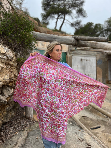 Sarong   , Pareo  , cotton shawl and beach Deluxe Block print collection pink purple flowers -  AUROBELLE  IBIZA