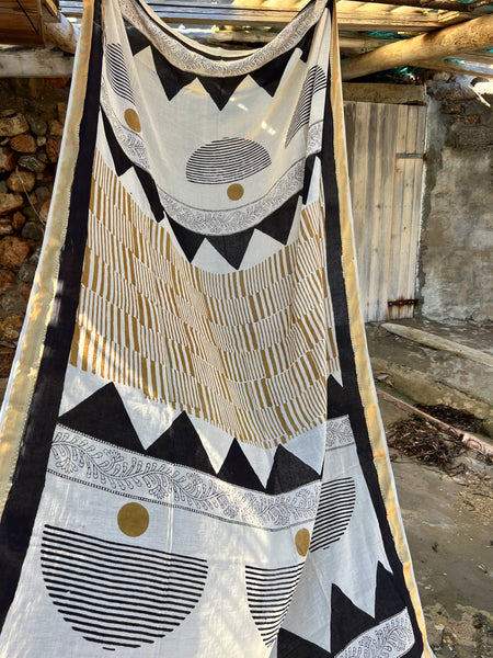 Big size Sarong ,Hand Block Printed Extra Large Sarong | Organic Cotton Muslin | Natural Bagru Print with Golden Modern Art  🌺 -  AUROBELLE  IBIZA