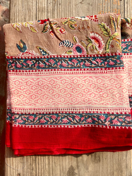 Sarong   , Pareo  , cotton shawl and beach Deluxe Block print collection,Sandy flower garden🌸 -  AUROBELLE  IBIZA