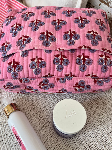 Aurobelle Hand Blockprint Cosmetic Bag – Large Travel Beauty Organizer4 pockets flower pink -  AUROBELLE  IBIZA