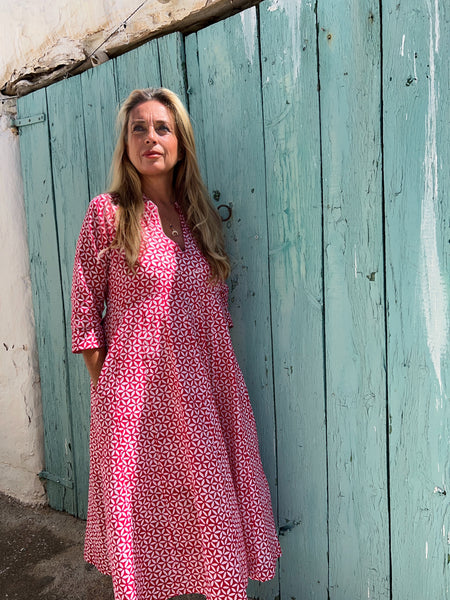 Anarkali  Ibiza red  block print, boho tunica style  dress