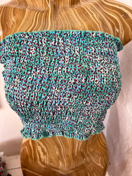 Sexy Tank top elastic in silky fabrics turquoise small flower -  AUROBELLE  IBIZA