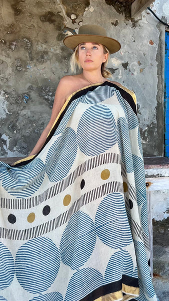 Big size Sarong ,Hand Block Printed Extra Large Sarong | Organic Cotton Muslin | Natural Bagru Print with Golden Sari Blue big circle -  AUROBELLE  IBIZA