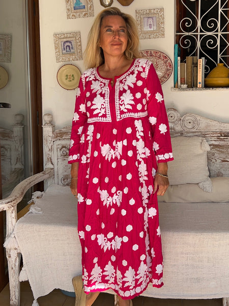 💗 Rani Dress – Hot Pink with Hand Embroidery -  AUROBELLE  IBIZA