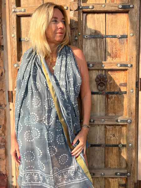 Sarong  Pareo  collection big size with golden zari border No 7A Gerry gray -  AUROBELLE  IBIZA