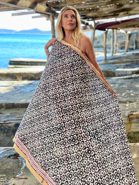 Big size Sarong ,Hand Block Printed Extra Large Sarong | Organic Cotton Muslin | Natural Bagru Print with Golden Black flower 🌺 -  AUROBELLE  IBIZA