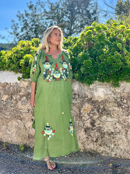 Salu dress with hand embroidery -green  with color embroidery