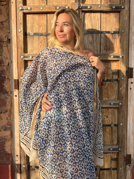 Sarong  Pareo  collection big size with golden zari border No 6A Blue Flower -  AUROBELLE  IBIZA