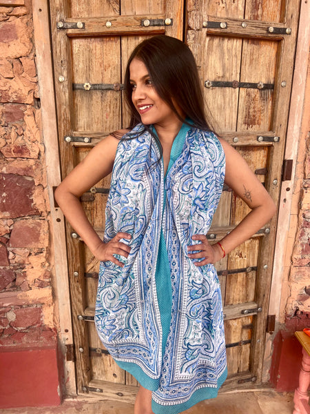 Sarong   , Pareo  , cotton shawl and beach Deluxe Block print collection,green and blue love -  AUROBELLE  IBIZA