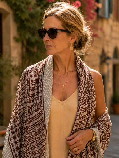 Sarong   , Pareo  , cotton shawl and beach Deluxe Block print collection, ethic brown black geo -  AUROBELLE  IBIZA