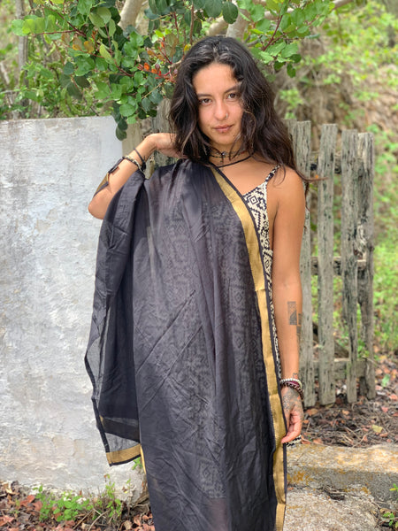 Sarong    or Pareo - Dupata in hand woven  Khadi in black with gold border