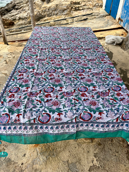 Sarong   , Pareo  , cotton shawl and beach Deluxe Block print collection emerald red flower print -  AUROBELLE  IBIZA