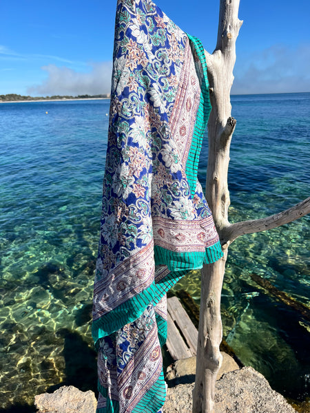 Sarong   , Pareo  , cotton shawl and beach Deluxe Block print collection, blue turquoises flower  🪷 -  AUROBELLE  IBIZA