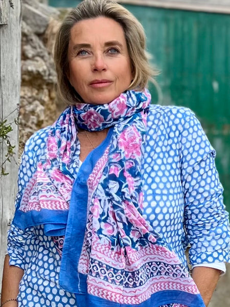 Sarong   , Pareo  , cotton shawl and beach Deluxe Block print collection, blue 🌸 pink flower -  AUROBELLE  IBIZA