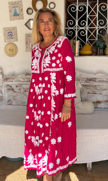 💗 Rani Dress – Hot Pink with Hand Embroidery -  AUROBELLE  IBIZA