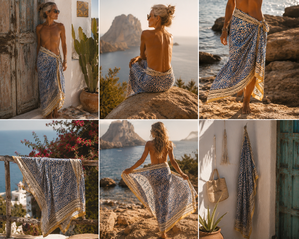 Aurobelle Ibiza indigo blue flower sarong, full length view