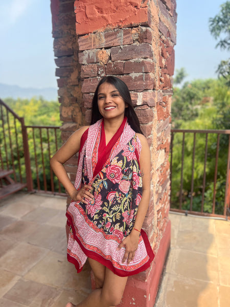 Sarong   , Pareo  , cotton shawl and beach Deluxe Block print collection,Black  flower heaven 🌸 -  AUROBELLE  IBIZA