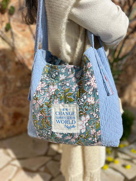One-of-a-Kind Ibiza Patchwork Bag- be the change you want to see - green flower -  AUROBELLE  IBIZA