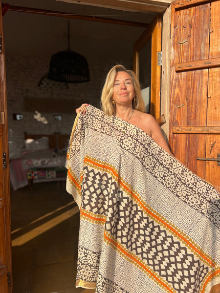 Sarong  Pareo  collection big size with golden zari border No 3A Ethnic -  AUROBELLE  IBIZA