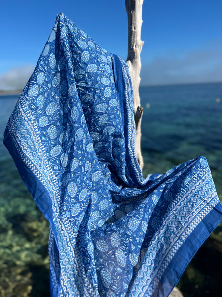 Sarong   , Pareo  , cotton shawl and beach Deluxe Block print collection, blue flower  🪷 -  AUROBELLE  IBIZA