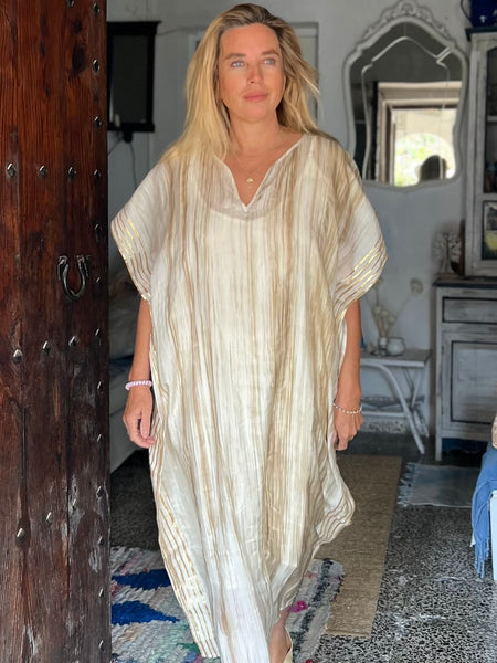 🌿 Silk Sari Kaftan – Beige with Soft Gold Stripes (One of a Kind) -  AUROBELLE  IBIZA