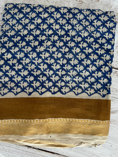 Hand Block Printed Extra Large Sarong | Organic Cotton Muslin | Natural Bagru Print with Golden Sari Border no 4 Jeans