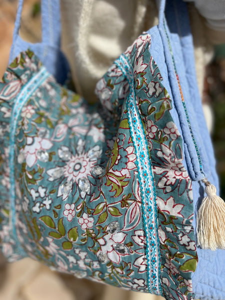 One-of-a-Kind Ibiza Patchwork Bag- be the change you want to see - green flower -  AUROBELLE  IBIZA