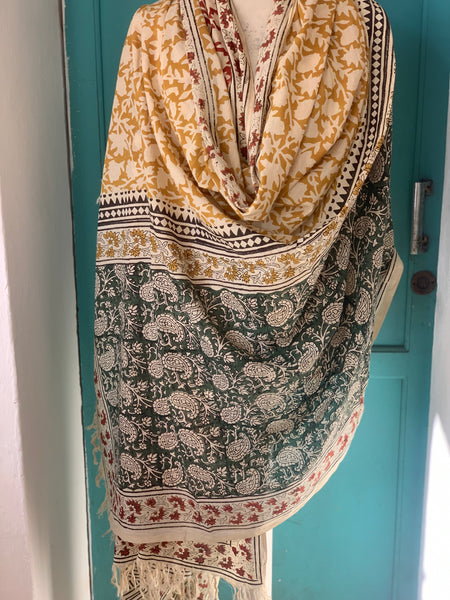 Big size Bagru Sarong  , dupatta - Pareo  -green flower /block print cotton shawl  Red flower new collection