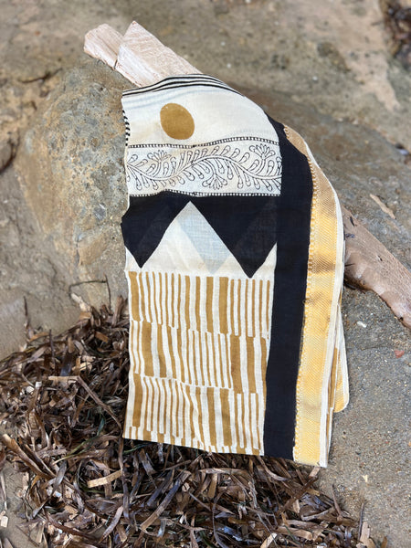 Big size Sarong ,Hand Block Printed Extra Large Sarong | Organic Cotton Muslin | Natural Bagru Print with Golden Modern Art  🌺 -  AUROBELLE  IBIZA