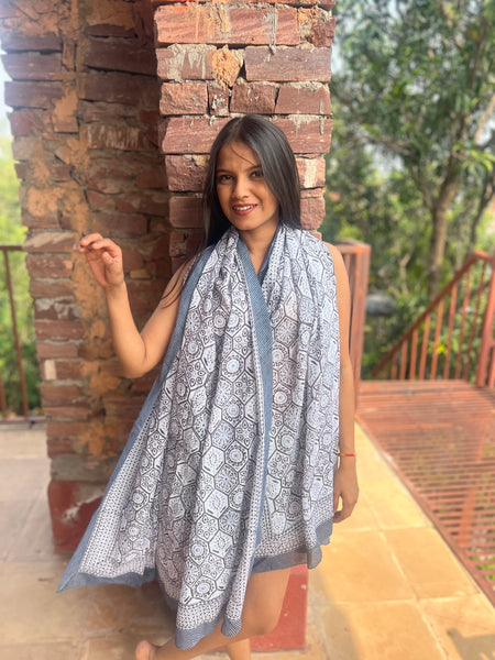 Sarong   , Pareo  , cotton shawl and beach Deluxe Block print collection,elegant grey 🌸 -  AUROBELLE  IBIZA