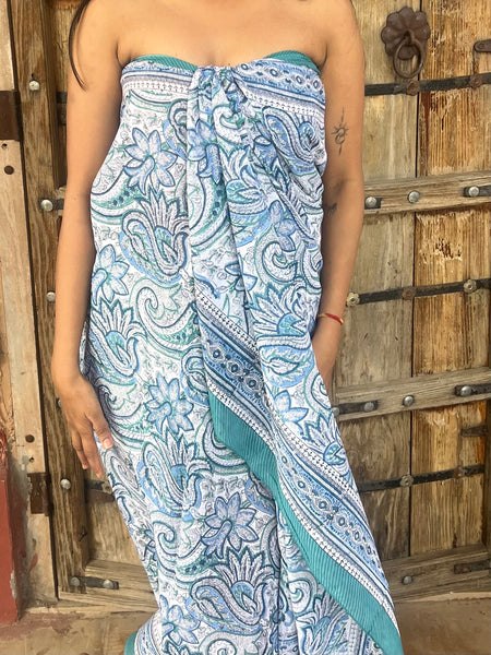 Sarong   , Pareo  , cotton shawl and beach Deluxe Block print collection,green and blue love -  AUROBELLE  IBIZA