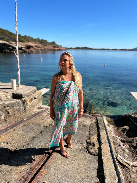 Sarong   , Pareo  , cotton shawl and beach Deluxe Block print collection, formentera turquoises🪷 -  AUROBELLE  IBIZA