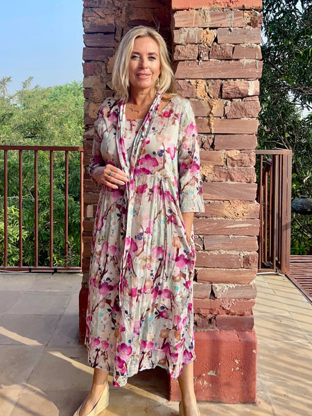 Linen dress soft flower -  AUROBELLE  IBIZA