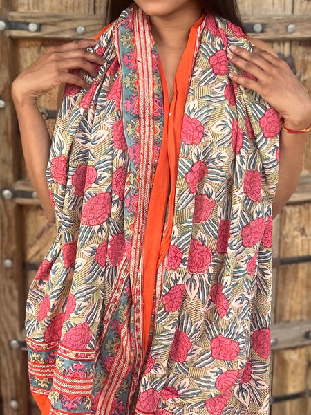 Sarong   , Pareo  , cotton shawl and beach Deluxe Block print collection,pink calendula 🌸 -  AUROBELLE  IBIZA