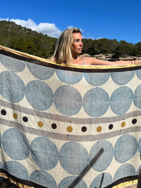 Big size Sarong ,Hand Block Printed Extra Large Sarong | Organic Cotton Muslin | Natural Bagru Print with Golden Sari Blue big circle -  AUROBELLE  IBIZA