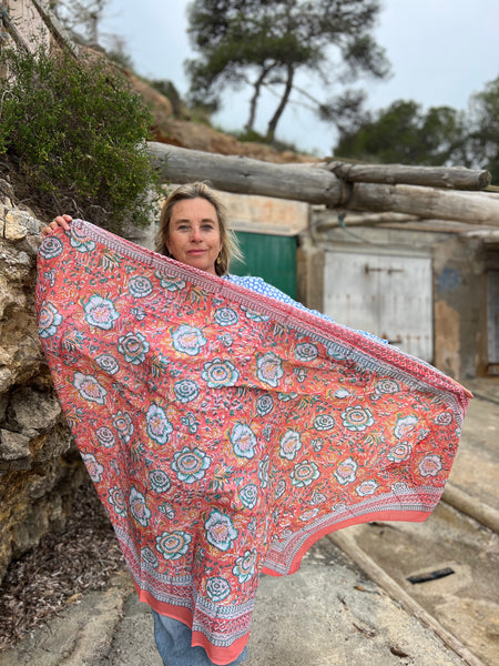 Sarong   , Pareo  , cotton shawl and beach Deluxe Block print collection, abricot flower -  AUROBELLE  IBIZA