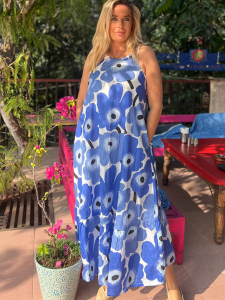 Nila dress  blue and white flower -  AUROBELLE  IBIZA