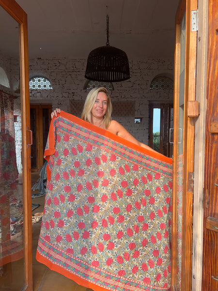 Sarong   , Pareo  , cotton shawl and beach Deluxe Block print collection,pink calendula 🌸 -  AUROBELLE  IBIZA